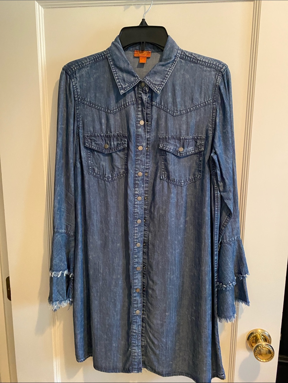 Scully Blue Denim Button-Down Tunic with Frayed Cuffs
